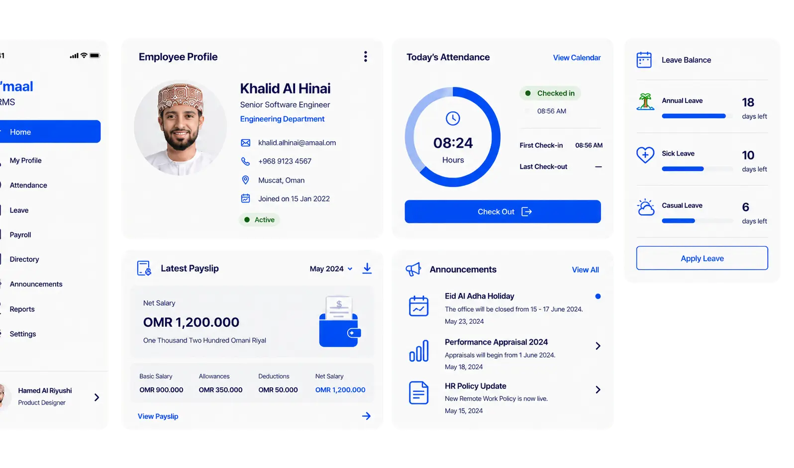 A'maal employee dashboard — profile, attendance, payroll and leave