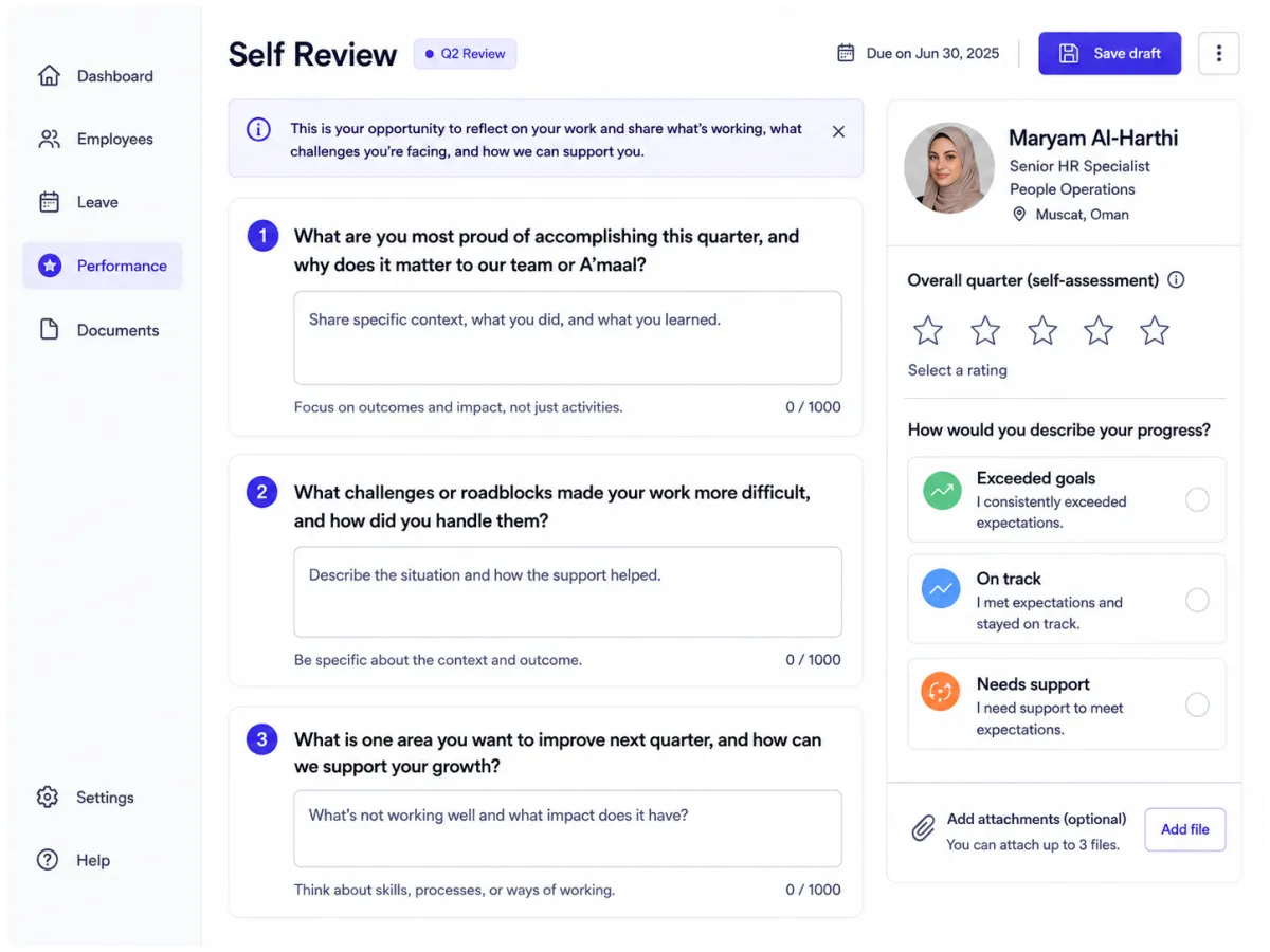 A'maal self-review screen