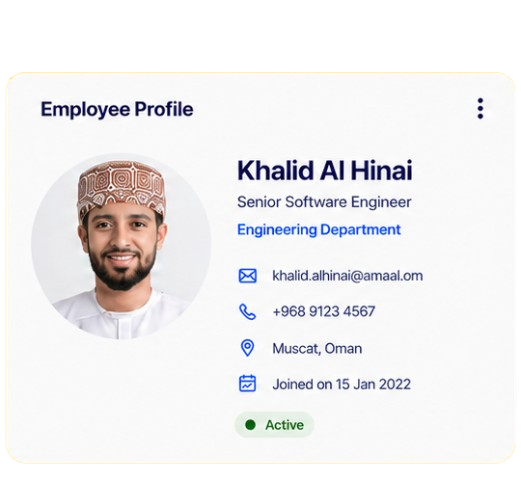 Amaal employee profile card with role, department, contact, join date and status